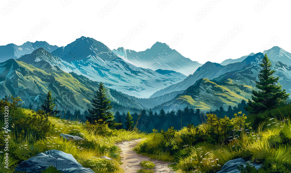 Hiking trail in mountains with coniferous trees on transparent background - stock png. - obrazy, fototapety, plakaty 