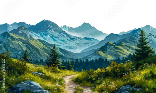 Hiking trail in mountains with coniferous trees, cut out - stock png. photo