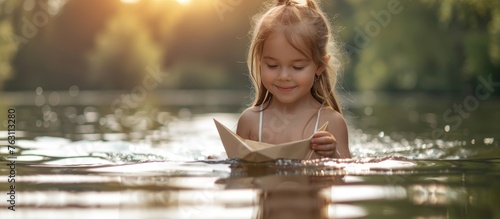 little girl playing with paper boat
