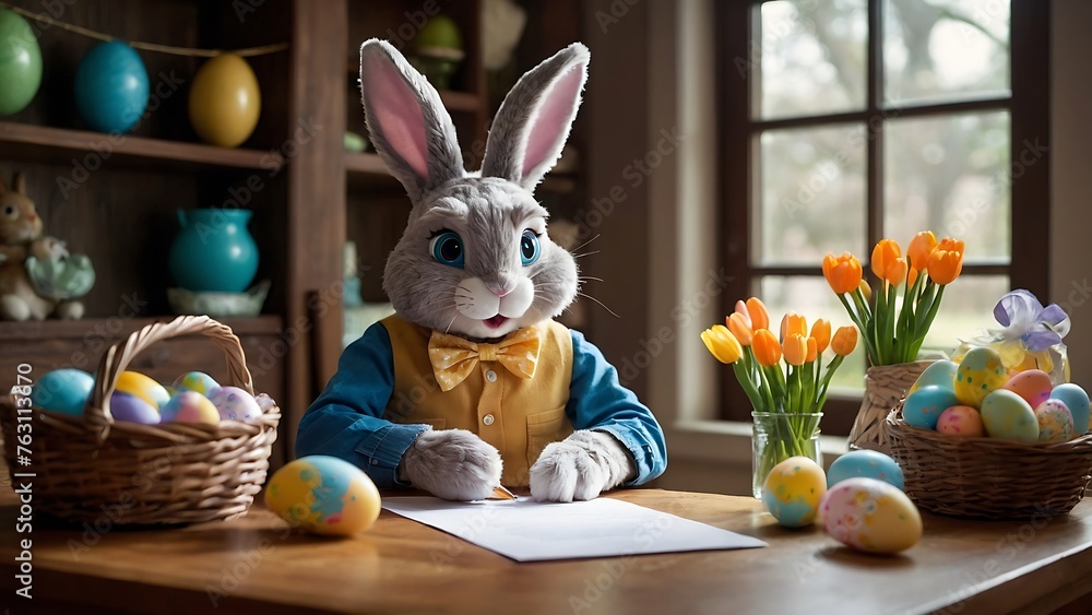 Obraz premium Easter bunny with easter eggs and tulips on a wooden table