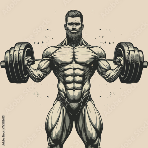 red white black modern style minimalist lines of a strong muscle pose strong body builder anatomy man at gym with bundle Doing exercises in all body positions using different gym equipment