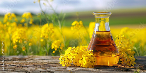 Rapeseed oil in a bottle and a field of flowering rapeseed in the background. AI generativ.