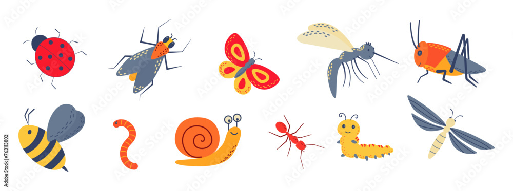 Obraz premium Set of cute garden insects, bugs. Snail, butterfly, dragonfly, grasshopper, worm, mosquito, ladybug, bee, caterpillar, fly, ant for children. Funny childish characters. 