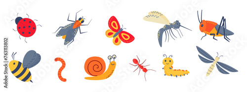 Set of cute garden insects, bugs. Snail, butterfly, dragonfly, grasshopper, worm, mosquito, ladybug, bee, caterpillar, fly, ant for children. Funny childish characters. 
