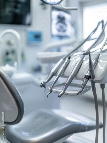 A modern dentist s office. Close-up of various dental instruments and devices  professional photography