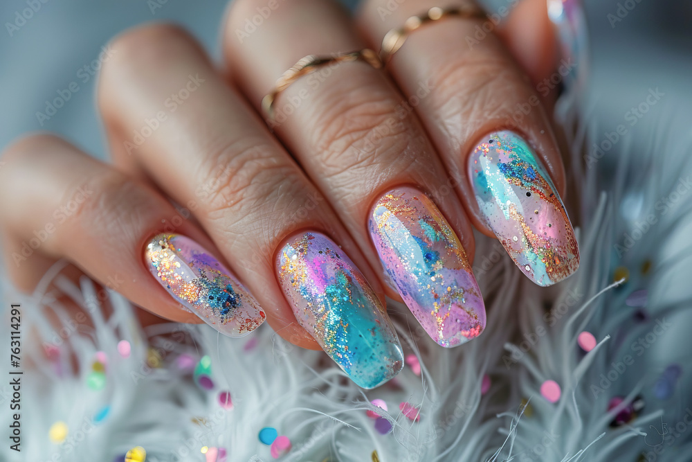 Women's fingertips and nails show off their beauty with stylish and cool nail art designs. Makeup and cosmetics concept. Women's fingertips and nails show off their beauty with stylish and cool nail art designs. Makeup and cosmetics concept.