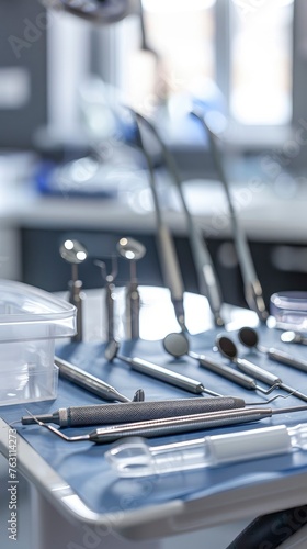 A modern dentist's office. Close-up of various dental instruments and devices, professional photography