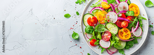 Summer colourful and full of vitamins vegetable salad . on a plate, close-up on a white background. AI generative. photo