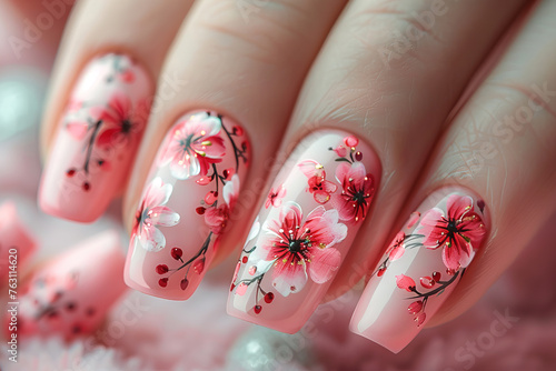 Women's fingertips and nails show off their beauty with stylish and cool nail art designs. Makeup and cosmetics concept.