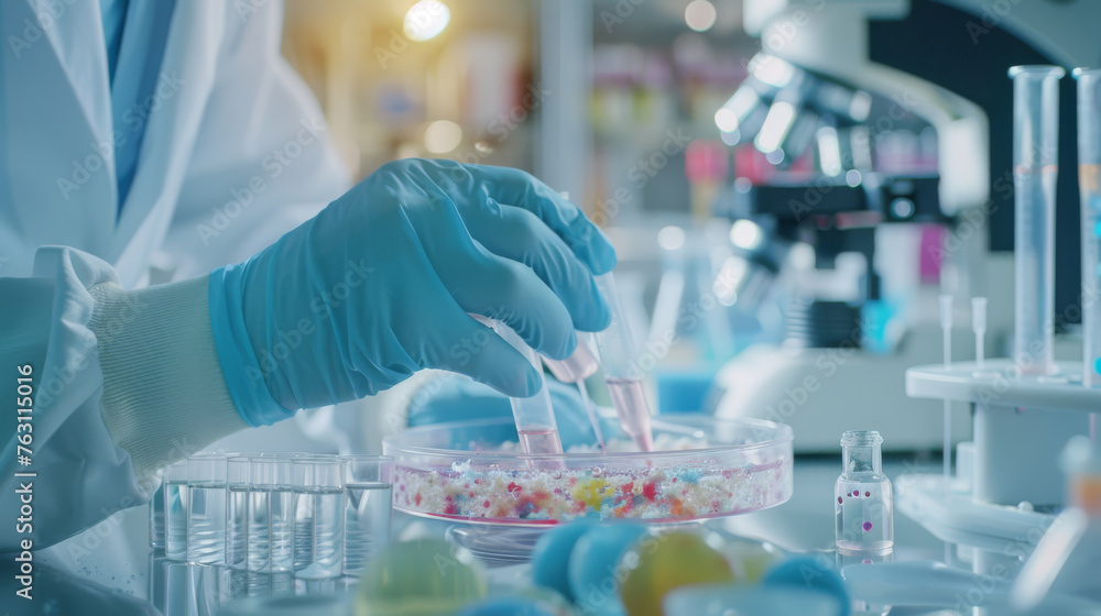 Scientist Examining Bacterial Colonies in Petri Dish Scientist Examining Bacterial Colonies in Petri Dish