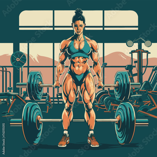 red white black modern style minimalist lines of a strong muscle pose strong body builder anatomy man at gym with bundle Doing exercises in all body positions using different gym equipment