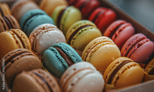 a box filled with lots of colorful macarons on the table, Generative AI 