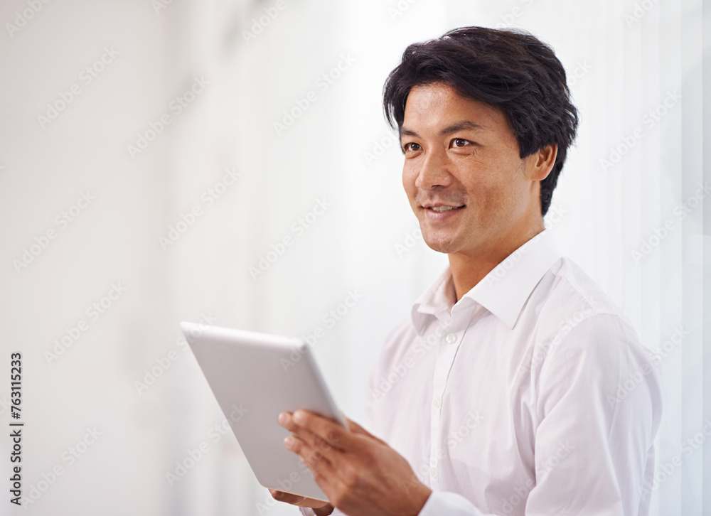 Tablet, corporate and asian businessman online for reading email, communication and internet research in office. Professional, technology and Japanese male employee for search, website and planning Tablet, corporate and asian businessman online for reading email, communication and internet research in office. Professional, technology and Japanese male employee for search, website and planning