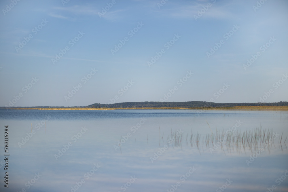 blue water, blue sky, yellowed grass on the lake, early autumn sunset on the lake, reeds on the lake
