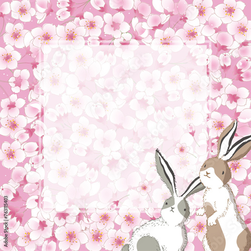 벚꽃과 토끼들이 있는 벡터 프레임 일러스트레이션 
