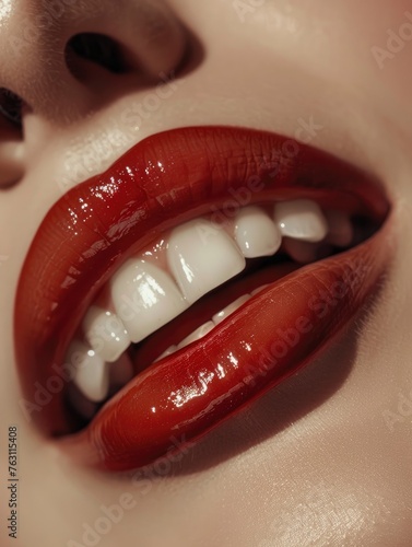 Dental care concept, hollywood smile, perfect teeth, lush woman lips, close up photo, professional photography