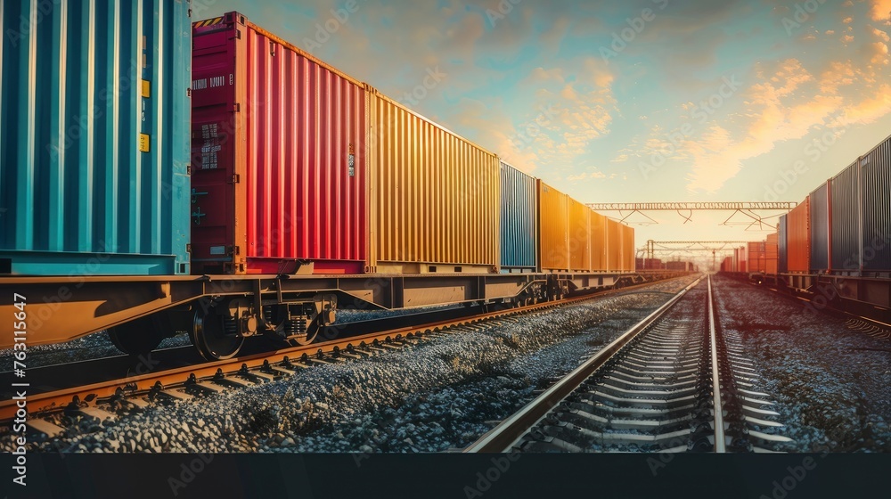 Fototapeta premium Freight train, railroad, business logistics concept, containers, photo for advertising, free background for text