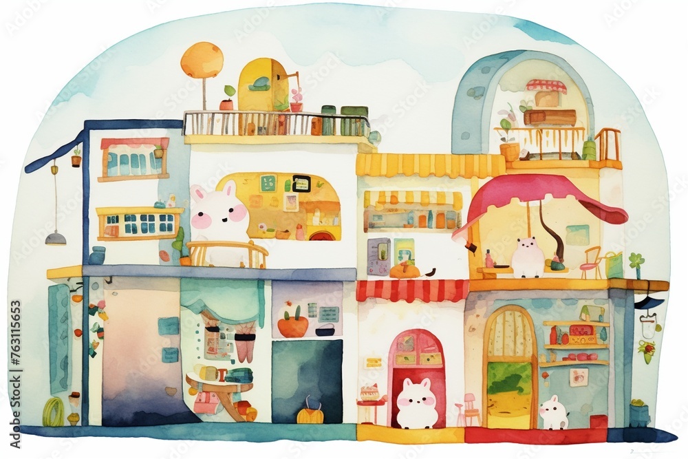 An abstract watercolor piece featuring a shop with a hamster motif,watercolor, cute, elegant, cartoon