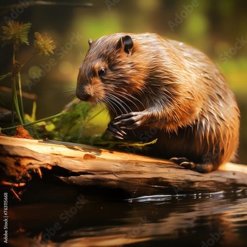 Beaver building a dam in a serene forest setting,bokeh, elegant, isolated, beautiful