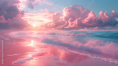 Pink coastal coast day view, with sunlight, summer, travel, dream place, paradise 