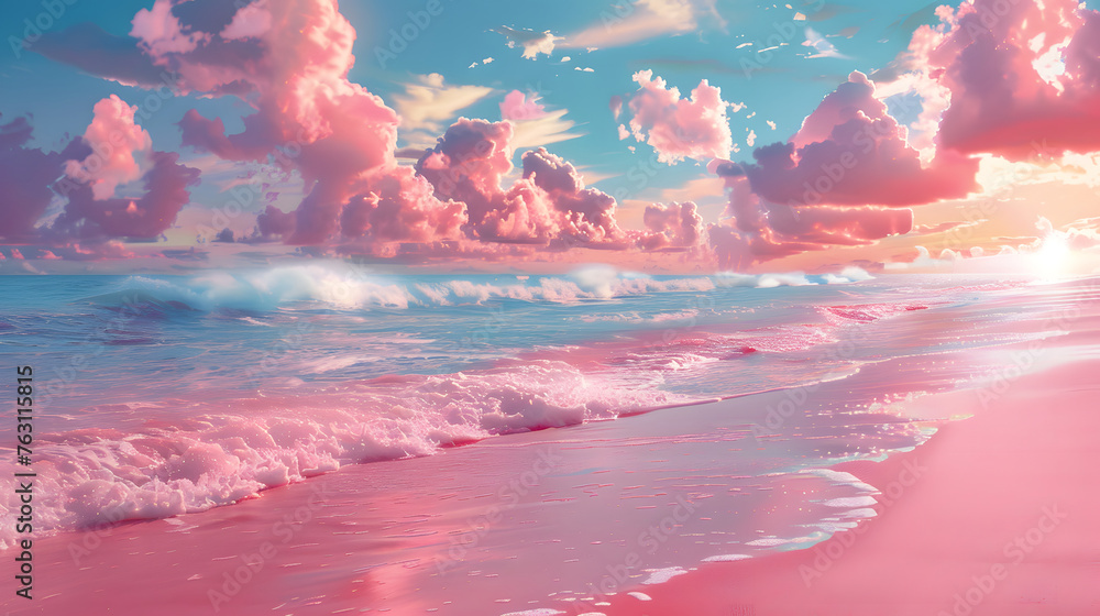Pink coastal coast day view, with sunlight, summer, travel, dream place, paradise	
