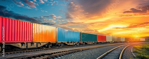 Freight train, railroad, business logistics concept, containers, photo for advertising, free background for text