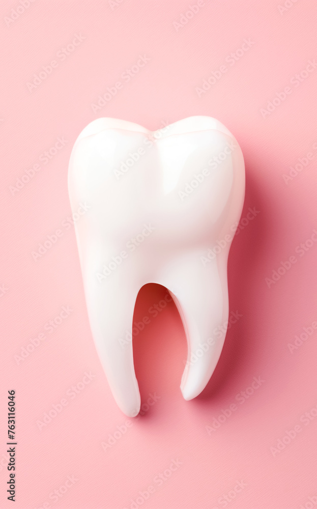 Molar human tooth model, empty pink background, copy space. Dental health concept, dental services medicine