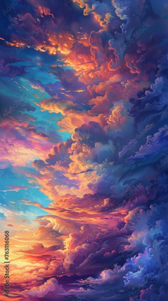 Vibrant digital artwork of a dynamic sunset cloudscape