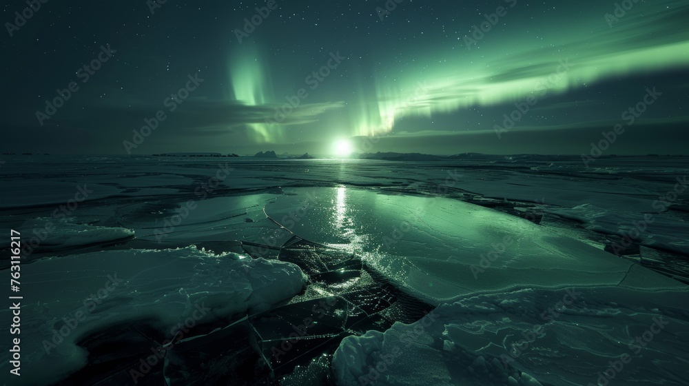Aurora borealis over broken ice fields