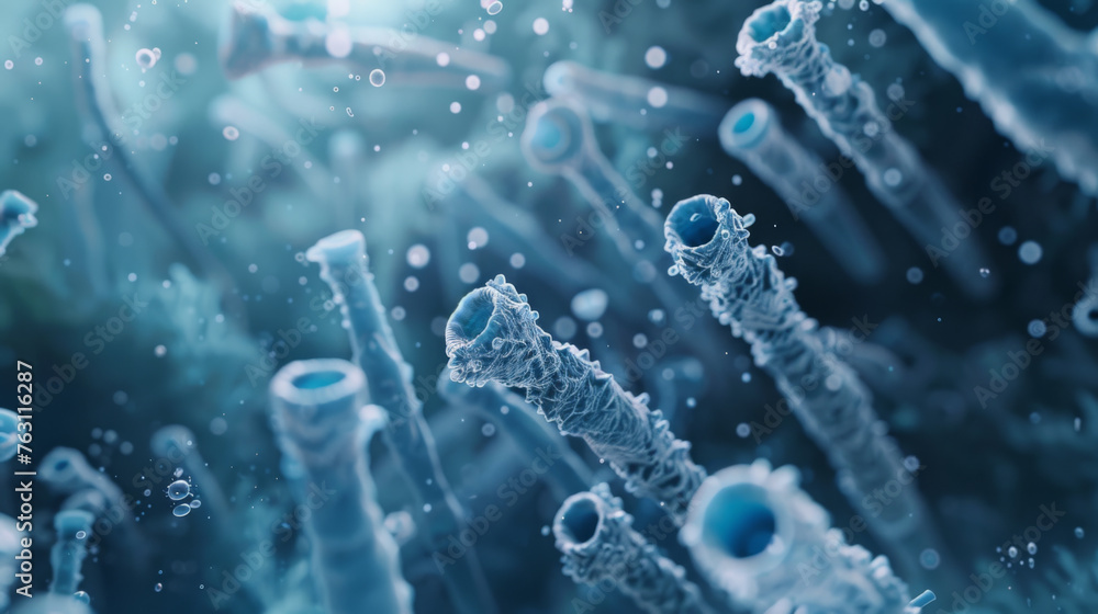 Blue bacteria with surface receptors Blue bacteria with surface receptors