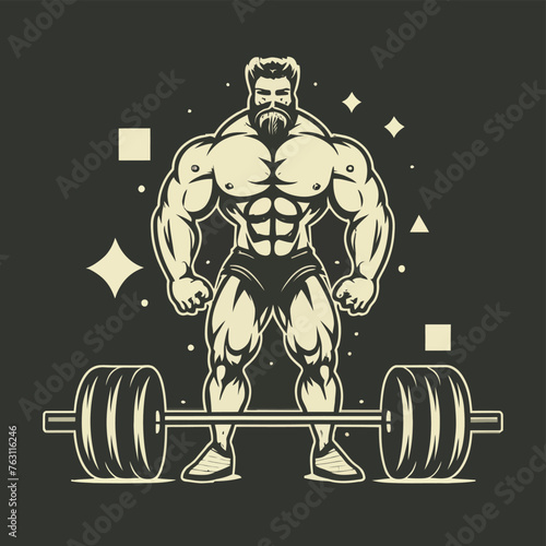 red white black modern style minimalist lines of a strong muscle pose strong body builder anatomy man at gym with bundle Doing exercises in all body positions using different gym equipment