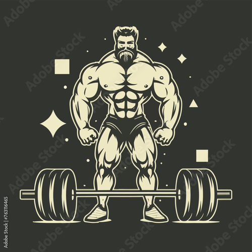 red white black modern style minimalist lines of a strong muscle pose strong body builder anatomy man at gym with bundle Doing exercises in all body positions using different gym equipment