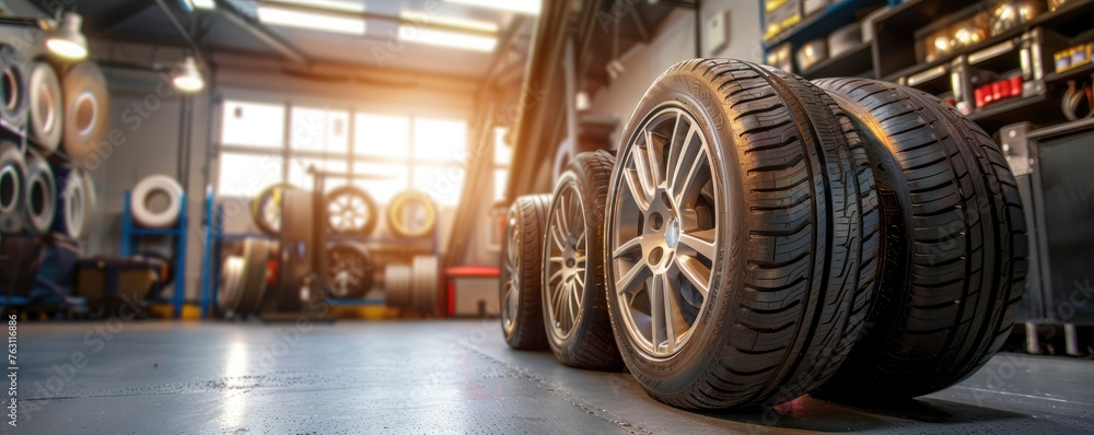 Fototapeta premium Tire service tire replacement, service room, professional photography, studio lighting