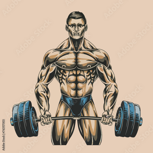 red white black modern style minimalist lines of a strong muscle pose strong body builder anatomy man at gym with bundle Doing exercises in all body positions using different gym equipment