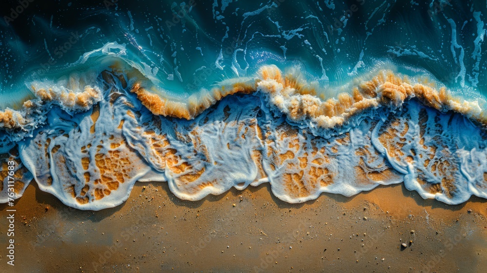 Obraz premium Aerial view of ocean waves crashing on a sandy beach