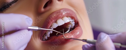 Woman with braces on her teeth undergoing orthodontic treatment  beautiful smile  procedure in progress  perfect teeth  lush woman lips  professional photography