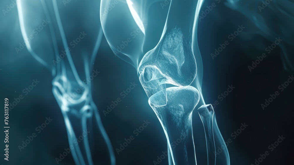 X-ray of a human knee, 3D render, medical advertisement banner, free space for text X-ray of a human knee, 3D render, medical advertisement banner, free space for text