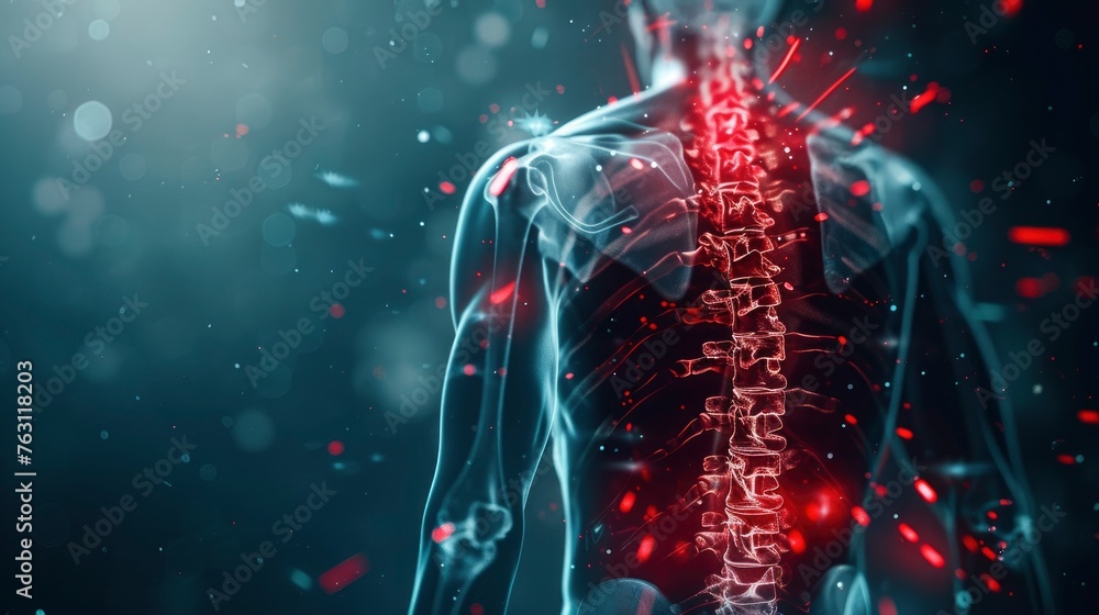 X-ray of a human's back, with red markings of pain hotspots, 3D render ...