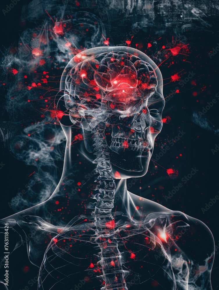 X-ray of a human's head, with red markings of pain hotspots, 3D render, medical advertisement banner, free space for text X-ray of a human's head, with red markings of pain hotspots, 3D render, medical advertisement banner, free space for text