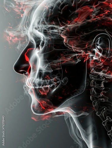 X-ray of a human's head, with red markings of pain hotspots, 3D render, medical advertisement banner, free space for text