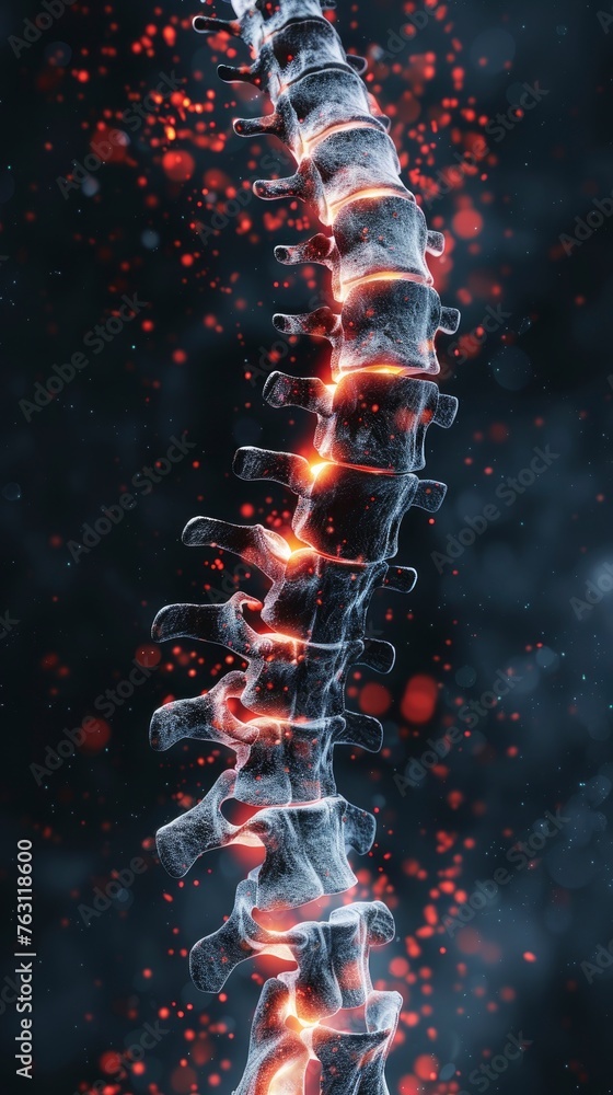 X-ray of a human's spine, with red markings of pain hotspots, 3D render ...