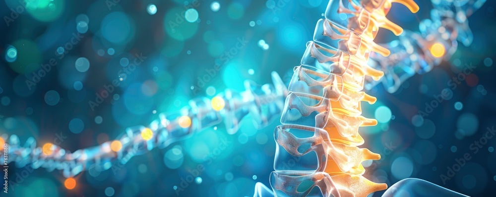 X-ray spine of a human 3D render, medical advertisement banner, free space for text X-ray spine of a human 3D render, medical advertisement banner, free space for text