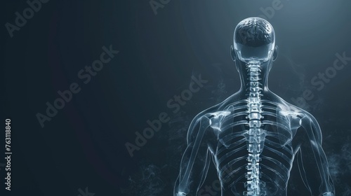 X-ray spine of a human 3D render, medical advertisement banner, free space for text