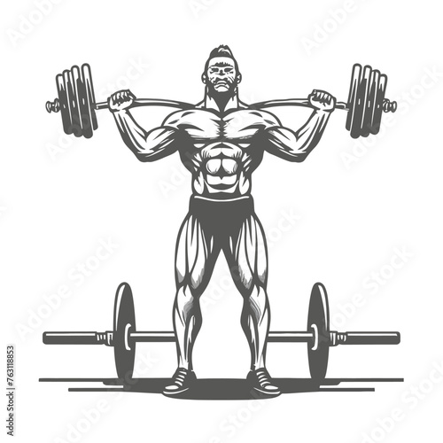 red white black modern style minimalist lines of a strong muscle pose strong body builder anatomy man at gym with bundle Doing exercises in all body positions using different gym equipment