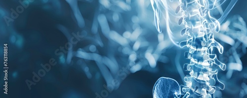 X-ray spine of a human 3D render, medical advertisement banner, free space for text