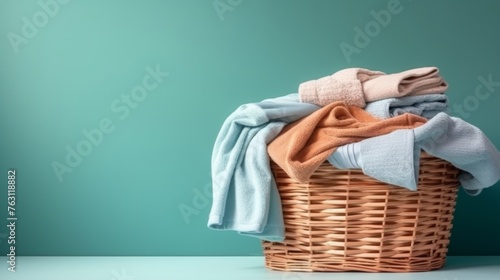  Clothes in laundry wicker basket isolated on green wall background.