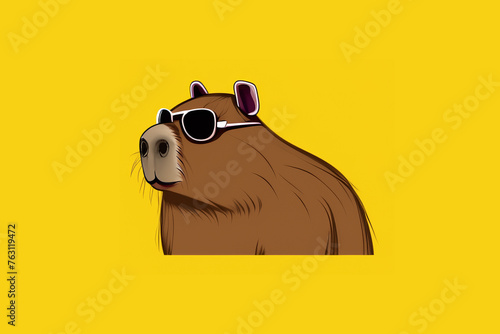 Drawing of capybara in sunglasses on yellow background
