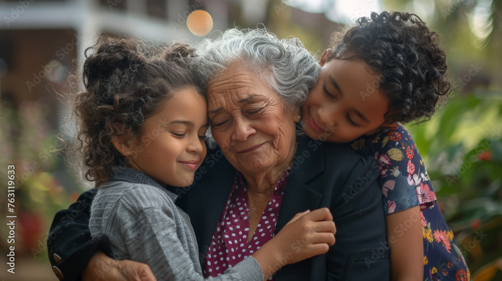 A grandmother shares a tender moment with her two grandchildren, their expressions filled with warmth and affection. A grandmother shares a tender moment with her two grandchildren, their expressions filled with warmth and affection.
