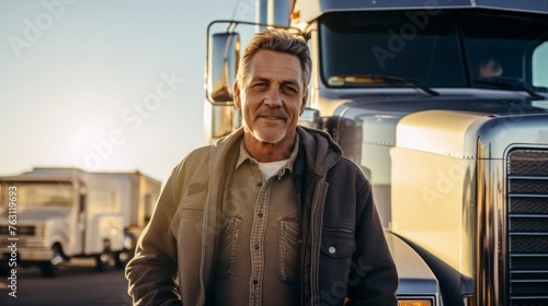 Trucker takes break beside his truck holding a coffee cup © javier