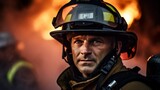 Courageous firefighter intense gaze smoke and flames
